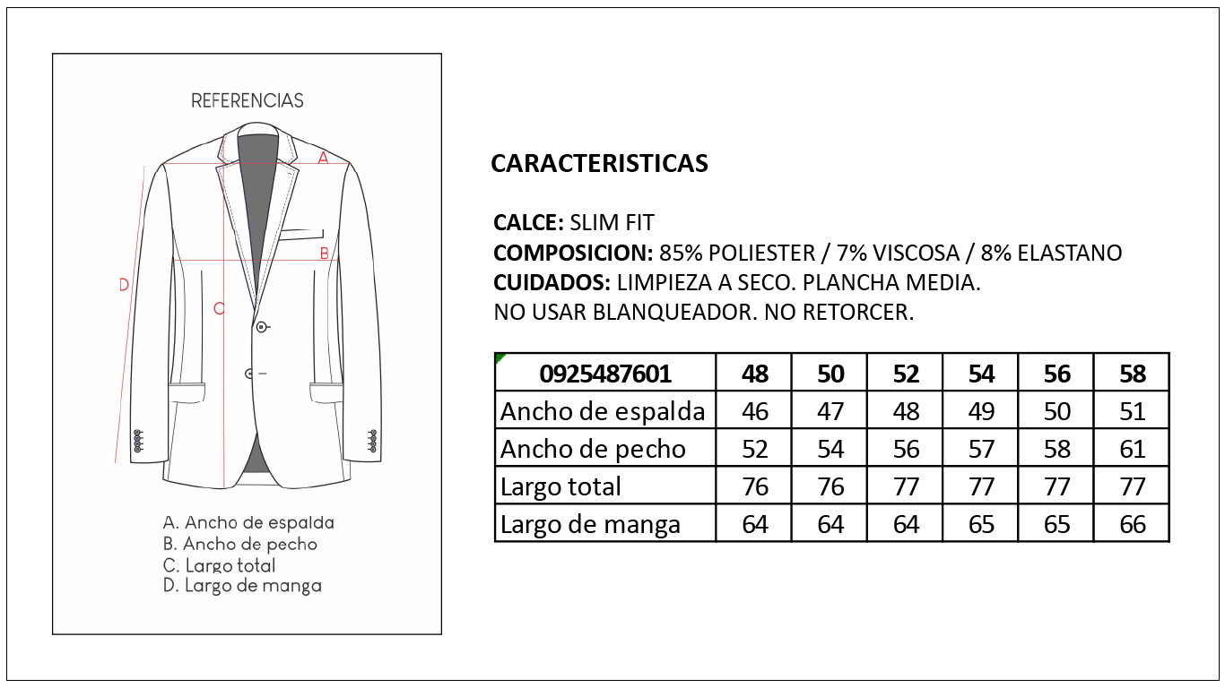 Tabla de Talles Saco Safari Elastizado Hombre Britches